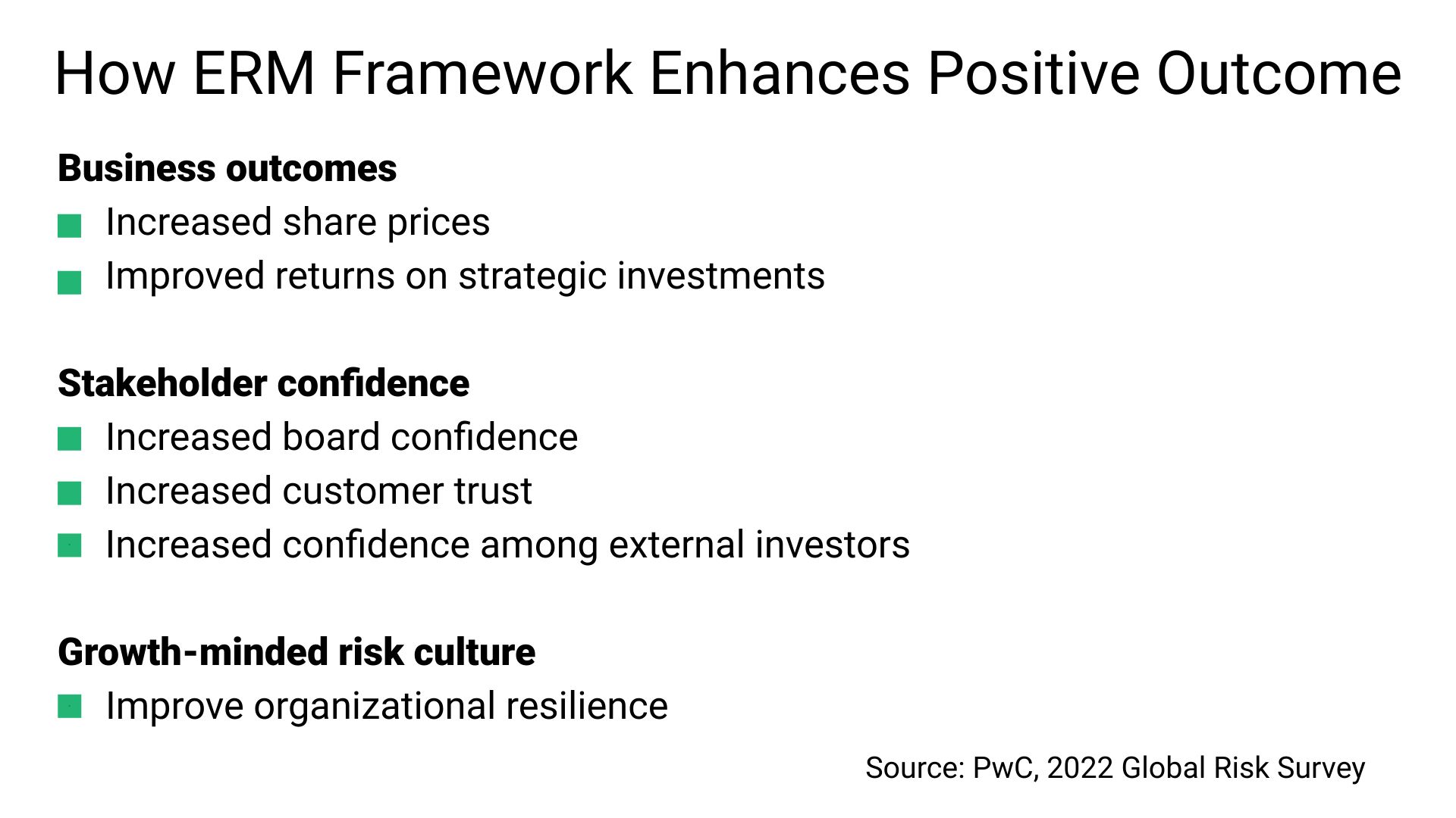 Infographic outlining how an Enterprise Risk Management (ERM) framework enhances positive outcomes, including improved business performance, increased stakeholder confidence, and stronger organizational resilience
