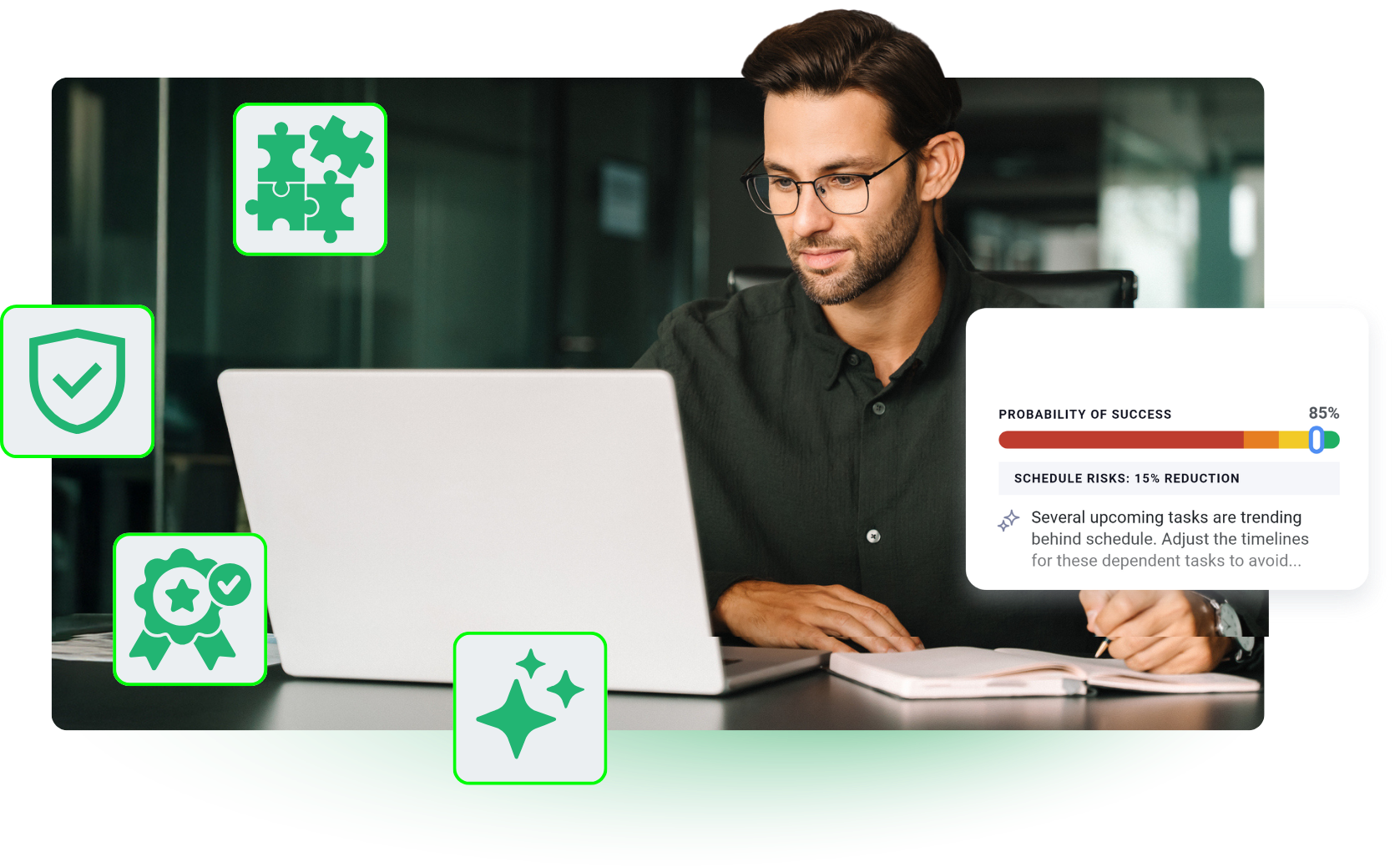 Professional working on a laptop at a desk.