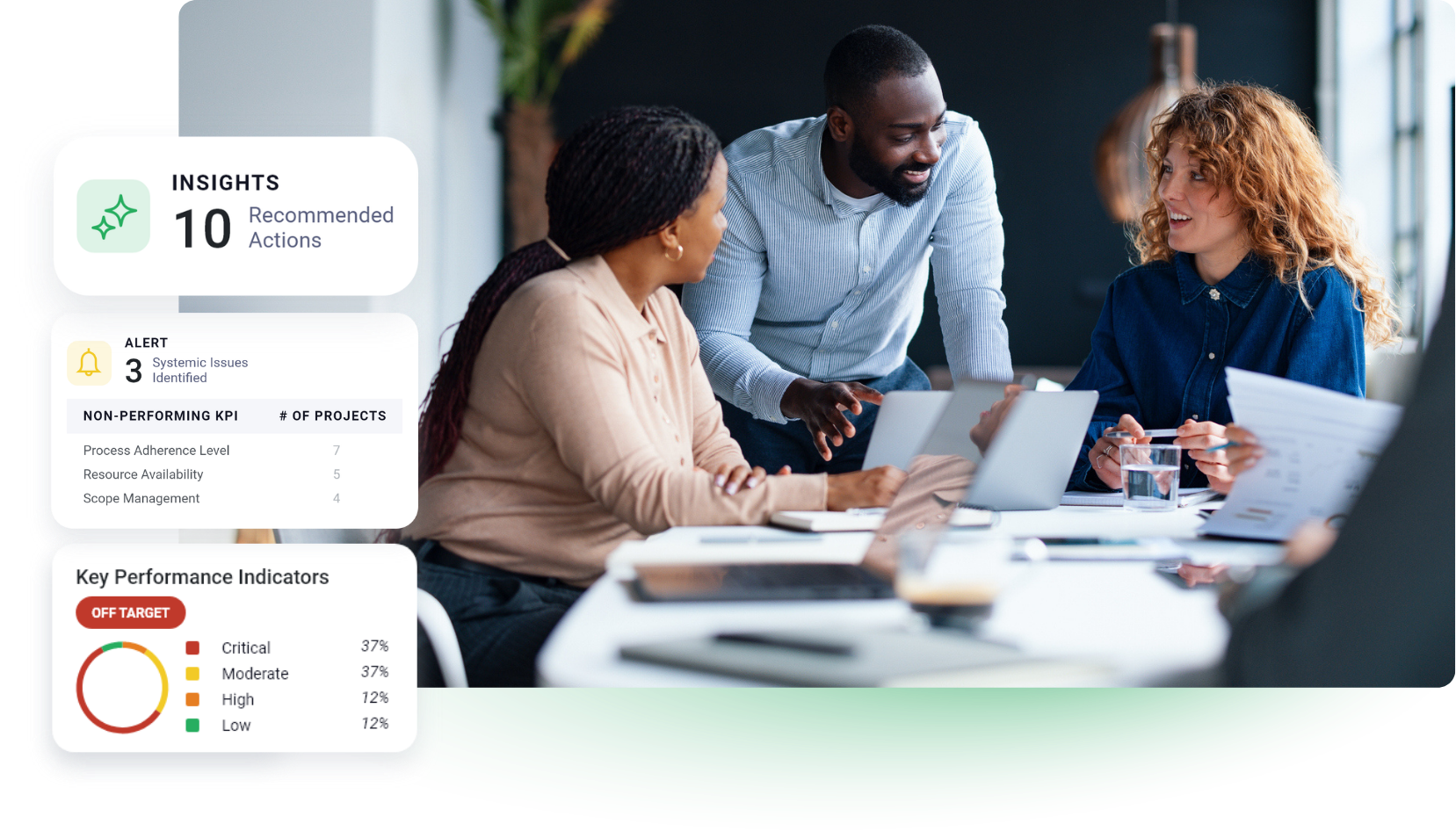 Group of colleagues collaborating on a project, looking at laptop screen.
