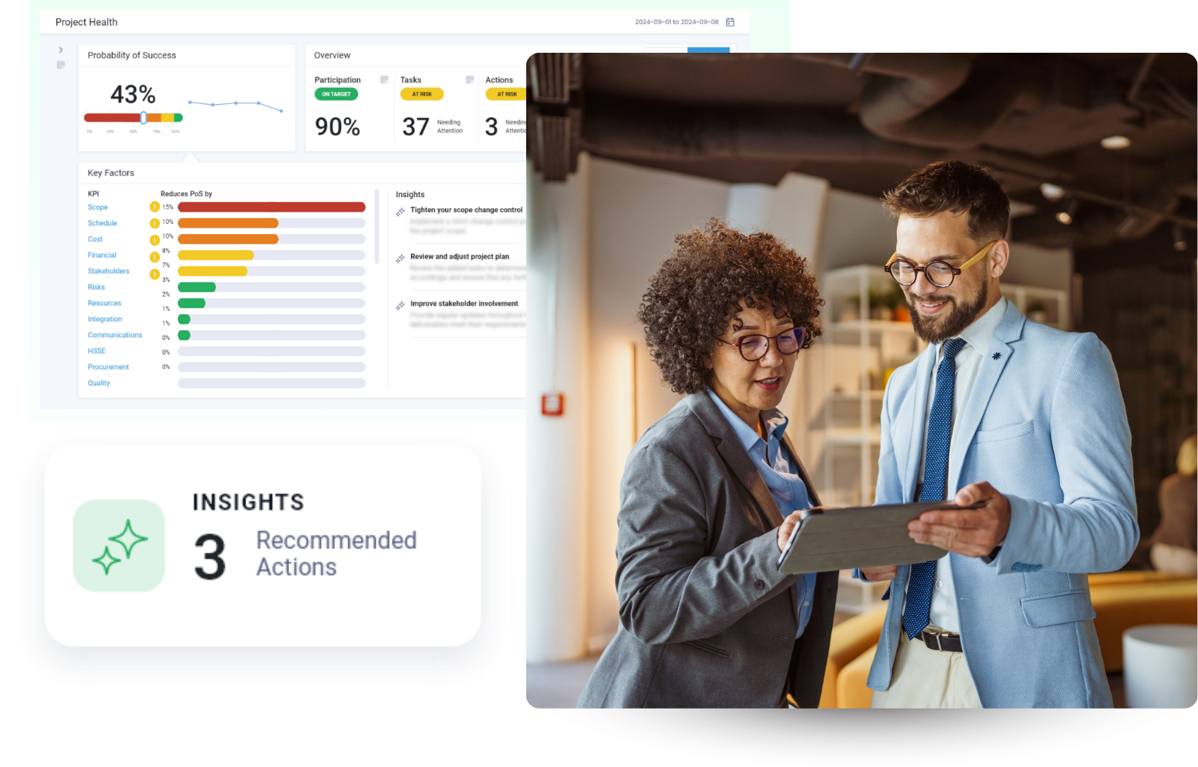 Two colleagues collaborating on a project, looking at tablet screen.