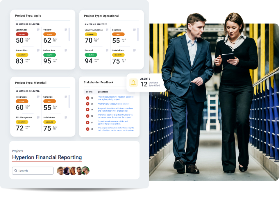 Two colleagues walking looking at tablet screen.