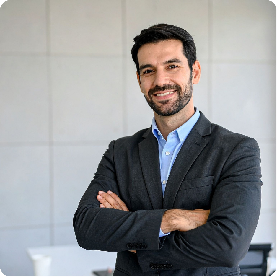 Professional standing in office setting.