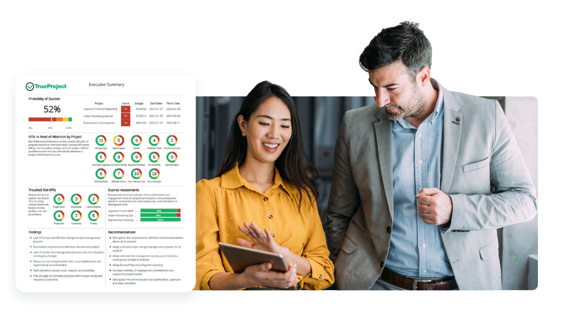 Two colleagues collaborating on a project, looking at tablet screen.