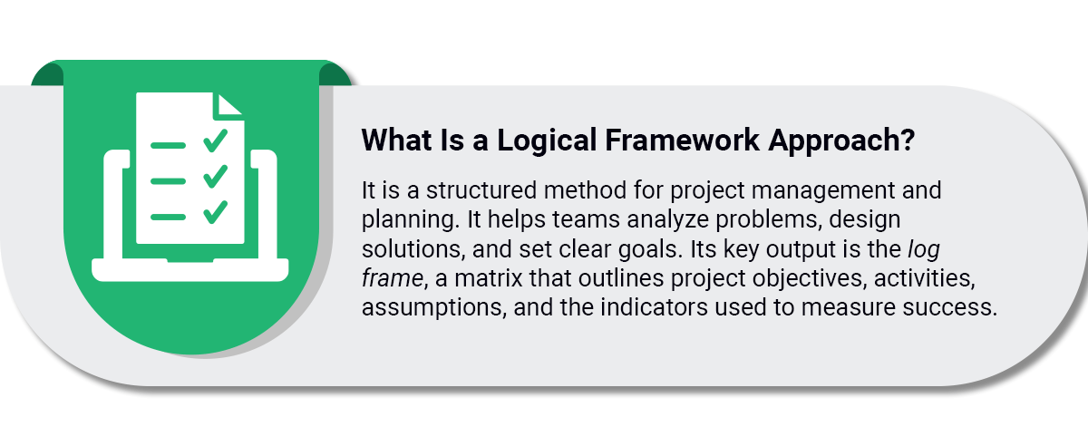 Illustration explaining the logical framework approach in project cycle management with a checklist icon and description.
